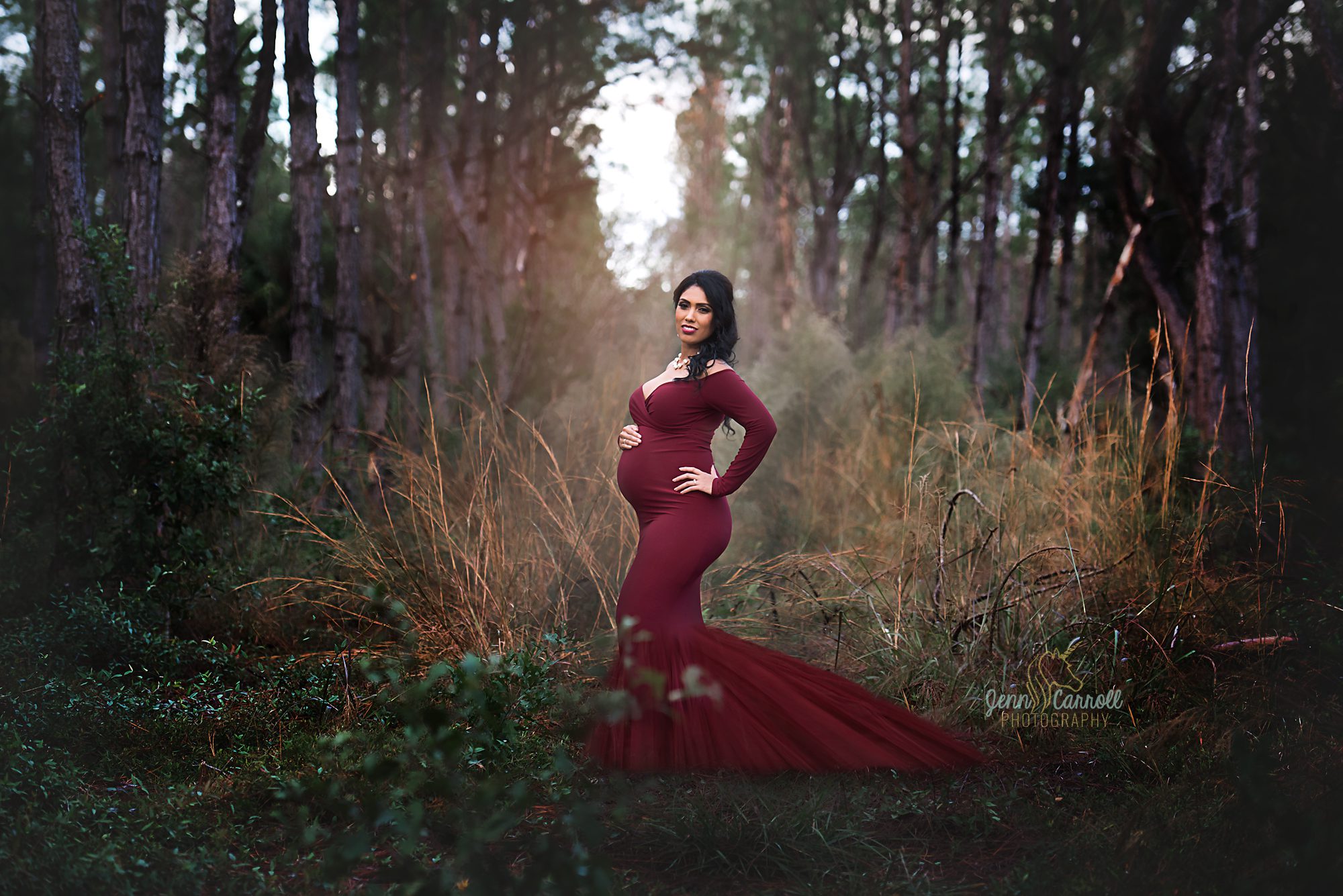 Jenn Carroll Photography, Jenn Carroll, New Tampa, Maternity Session, Maroon Gown, Sew Trendy Accessories, Maternity Gown, tulle, woods, glam, maternity, couples, dark and moody, sunflare, Florida, maternity photographer, maternity photography, tampa photographer, zephyrhills, wesley chapel, photographer, photography, zephyrhills photographer