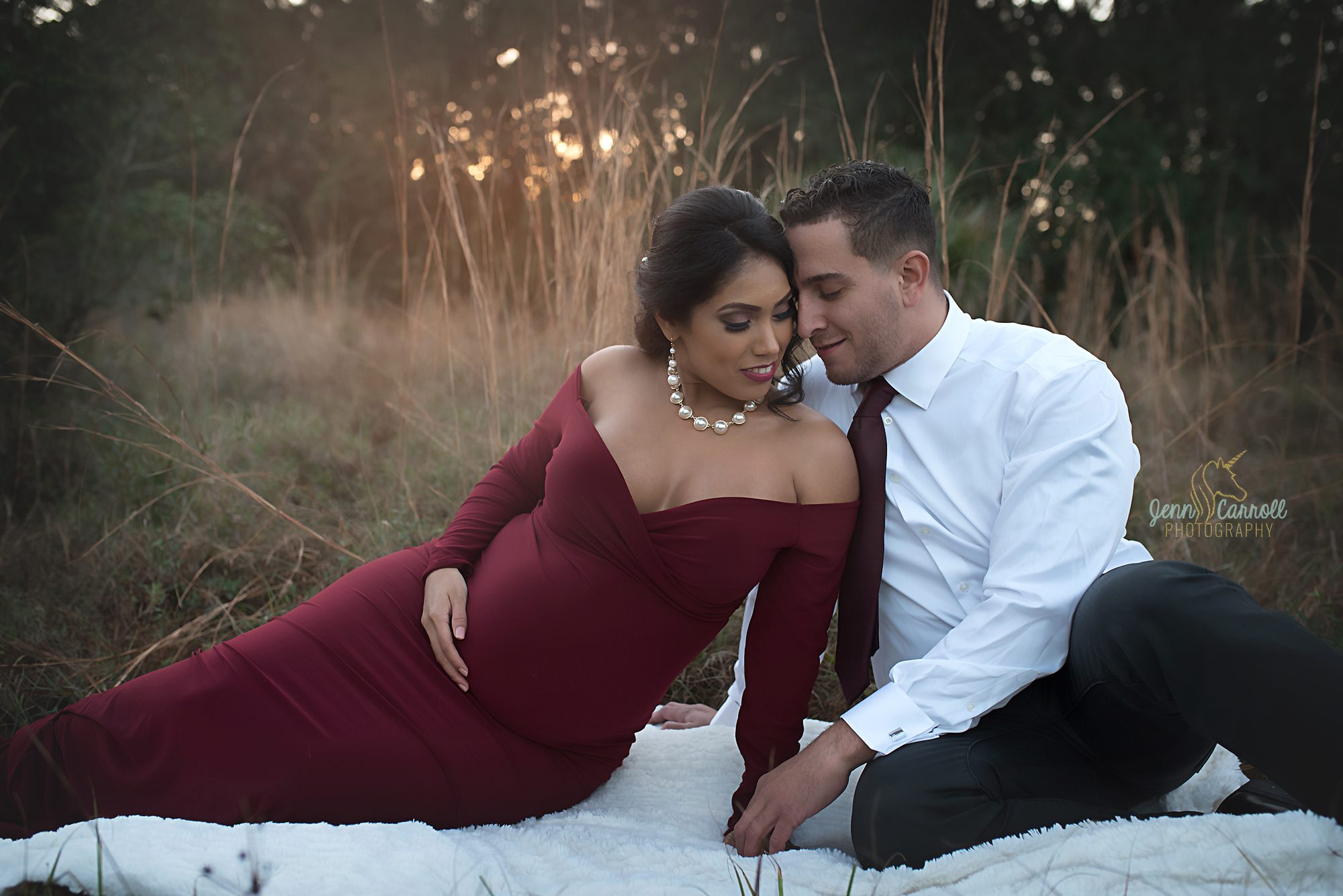 Jenn Carroll Photography, Jenn Carroll, New Tampa, Maternity Session, Maroon Gown, Sew Trendy Accessories, Maternity Gown, tulle, woods, glam, maternity, couples, dark and moody, sunflare, Florida, maternity photographer, maternity photography, tampa photographer, zephyrhills, wesley chapel, photographer, photography, zephyrhills photographer
