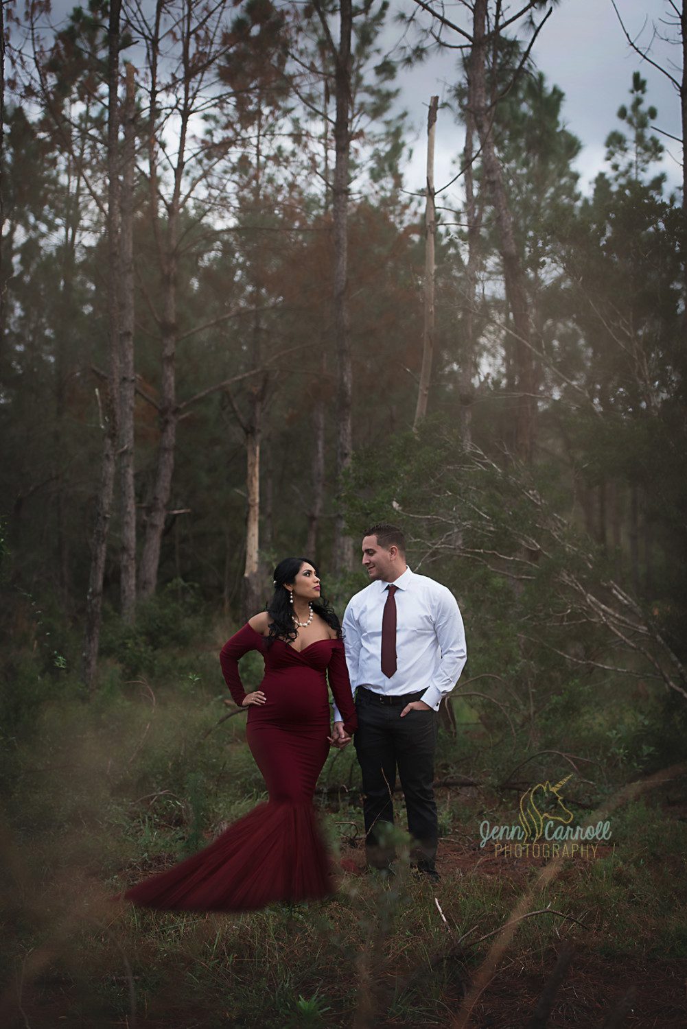 Jenn Carroll Photography, Jenn Carroll, New Tampa, Maternity Session, Maroon Gown, Sew Trendy Accessories, Maternity Gown, tulle, woods, glam, maternity, couples, dark and moody, sunflare, Florida, maternity photographer, maternity photography, tampa photographer, zephyrhills, wesley chapel, photographer, photography, zephyrhills photographer